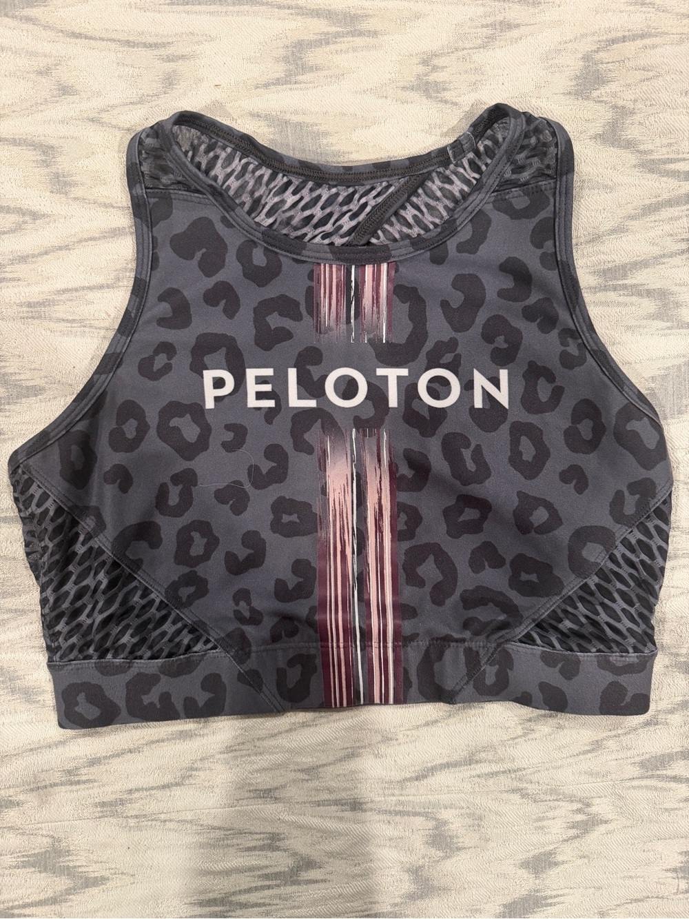 Peloton Charcoal Leopard Print Sports Bra with Pink Stripe
